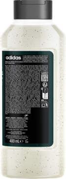 Tył butelki Adidas Deep Clean żel pod prysznic 400ml dla mężczyzn, z białym nakrapianym opakowaniem i czarną etykietą.