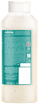Tył butelki Adidas Skin Detox serum-żelu pod prysznic 400ml z peelingującymi drobinkami, teal etykieta.