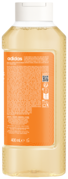 Tył butelki serum-żelu pod prysznic Adidas Energy Kick 400ml dla kobiet, pomarańczowa etykieta, tekst i kod QR.
