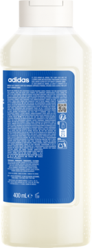 Tył białej butelki Adidas Deep Care serum-żel 400ml, z niebieską etykietą i informacjami o produkcie.