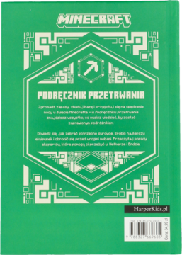 Zielony tył książki Minecraft Podręcznik Przetrwania z białym tekstem, ikoną kilofa i kodem ISBN.