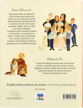 Tylna okładka książki o tabliczce mnożenia z rymowankami, tekst autorów, ilustracje rodziny i psa.