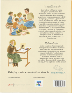 Tylna, twarda okładka książki Ortografia w wierszykach Ż z akwarelowymi ilustracjami i tekstem opisu.