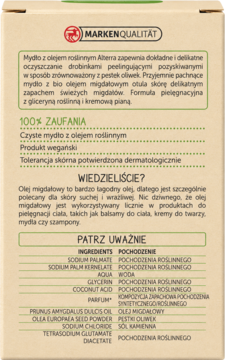 Tył zielonego opakowania mydła Alterra z białą etykietą, listą składników i opisem produktu w języku polskim.