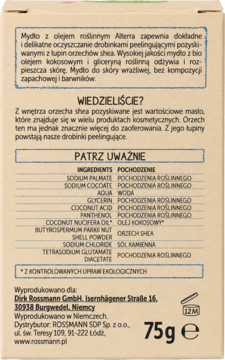 Tył mydła Alterra z olejem roślinnym: lista składników, pochodzenie, waga 75g i dane producenta.