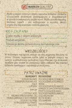 Tył papierowego opakowania mydła Alterra. Peelingujące z olejem arganowym i pestkami moreli. Widoczne szczegóły składu.
