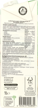 Tył kartonowego opakowania enerBio Barista napój z zielonego groszku, z pełnymi informacjami o produkcie.