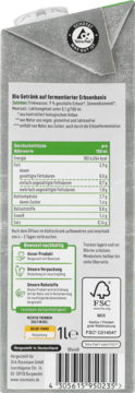Tył opakowania enerBio Barista napoju z groszku. Widoczne informacje odżywcze, skład, kod kreskowy i certyfikaty ekologiczne.