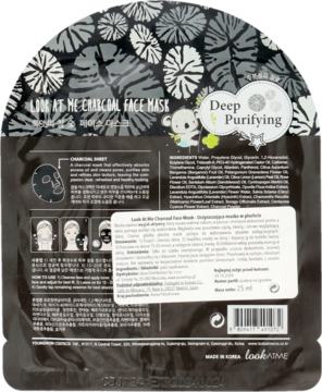 Tył opakowania maski Look at Me Charcoal Deep Purifying, czarne z białym wzorem liści, widoczne napisy i informacje o produkcie.