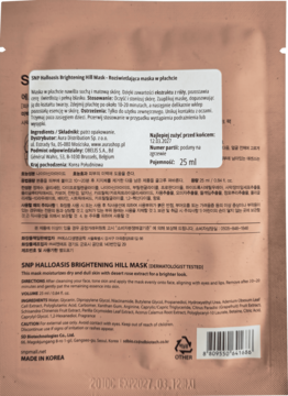 Tył brązowego opakowania maski rozjaśniającej SNP Halloasis Brightening Hill, z opisem po PL/EN.