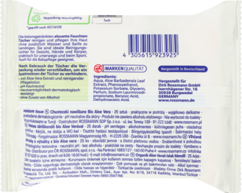 Tył opakowania chusteczek nawilżanych Alouette Bio Aloe Vera 25 szt., białe z kodem kreskowym i składem.