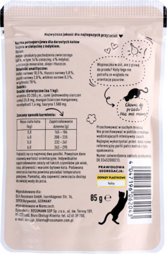 Tył opakowania karmy dla dorosłych kotów 85g, białej saszetki z polskim tekstem o składzie bez zbóż i taurynie.