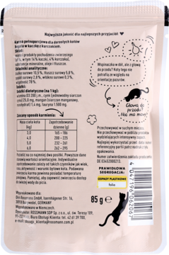 Tył beżowej saszetki karmy dla dorosłych kotów 85g. Widoczny skład: 65% mięsa, tauryna, bez zbóż i cukru.