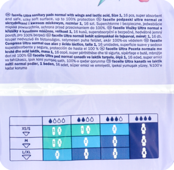Tył fioletowego opakowania podpasek facelle ultra normal, z tabelą rozmiarów XS-L/XL i chłonności.