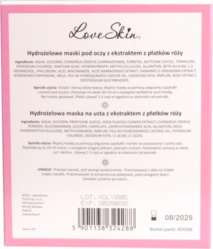 Tył różowo-białego opakowania Love Skin, hydrożelowe maski pod oczy i na usta, składniki i data ważności.