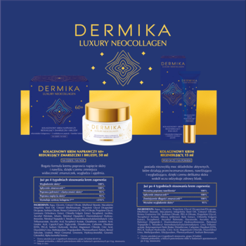 Zestaw Dermika Luxury Neocollagen: krem w złotym słoiczku i tubce na granatowym tle. Pielęgnacja przeciw zmarszczkom 60+.