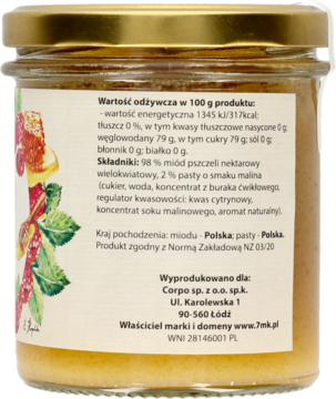 Tył słoika miodu wielokwiatowego z pastą malinową, etykieta z inf. odżywczą, składem i rysunkiem owoców.