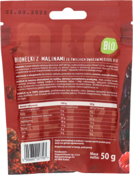 Tył czerwonej torebki BIONELKI z MALINAMI, bio przekąski, z danymi odżywczymi i masą netto 50g.