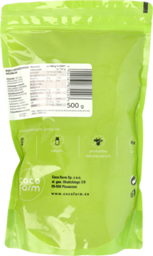 Tył zielonego opakowania mąki lnianej Coco Farm 500g z listą składników i opisem bez glutenu.