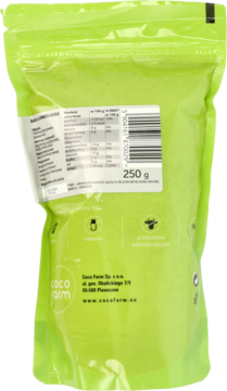 Tył opakowania 250 g babki jajowatej łuskanej Coco Farm, jasnozielona torebka z tabelą odżywczą.