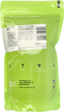 Tył zielonej torebki Coco Farm z nasionami słodkiej bazylii 300g, widoczne wartości odżywcze i certyfikaty.