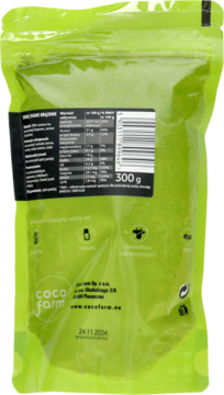 Tył zielonej torebki siemienia lnianego brązowego Coco Farm, etykieta z wartościami odżywczymi i 300g.