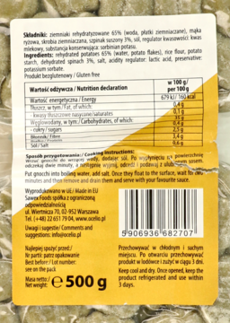 Tył opakowania zielonych gnocchi ziemniaczanych ze szpinakiem z żółtą etykietą. Widoczna masa 500g i skład.