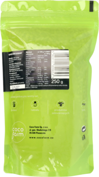 Tył jasnozielonego opakowania słonecznika łuskanego Coco Farm, 250g, z białą etykietą i danymi odżywczymi.
