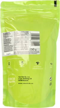 Tył zielonego opakowania BIO Ashwagandhy Coco Farm 250g, z tabelą wartości odżywczych i certyfikatami.