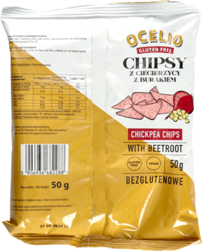 Ocelio bezglutenowe chipsy z ciecierzycy i burakiem, żółta paczka 50g, widok z tyłu z przodem.
