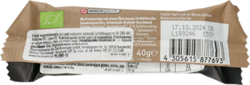 Tył brązowego opakowania produktu organicznego z certyfikatem DE-ÖKO-001, wagą 40g i kodem kreskowym.