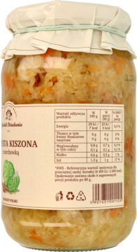 Słoik kiszonej kapusty z marchewką, widoczny przód etykiety z ilustracją kapusty, produkt pasteryzowany.