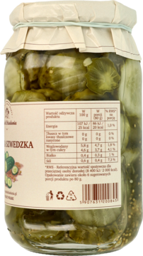Szklany słoik sałatki szwedzkiej, tył opakowania z etykietą i tabelą wartości odżywczych.