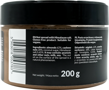 Ciemny słoik pasty orzechowej z solą himalajską, tył z etykietą, widoczna lista składników i waga 200g.