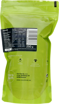 Tył jasnozielonego opakowania 250g surowych orzechów pekan, z etykietą wartości odżywczych, info: keto, bez glutenu/nabiału/GMO.