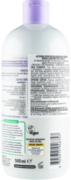Tył butelki Alterra płynu do kąpieli Lawenda BIO 500 ml z etykietą, kodem kreskowym i napisem Vegan.