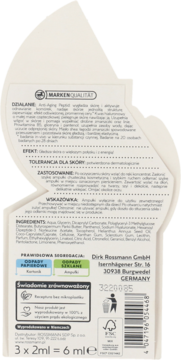 Tył białego opakowania serum ampułkowego Rossmann z peptydami, widok z tyłu z opisem działania i składem.