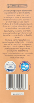 Tył pomarańczowego opakowania odświeżacza Domol Tropical Kiss Perfume & Style z polskim tekstem, dwoma logo i kodem.