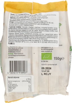 Tył opakowania enerBio mix orzechów nerkowca, mango i kokos 150g, widoczne wartości odżywcze i kod kreskowy.