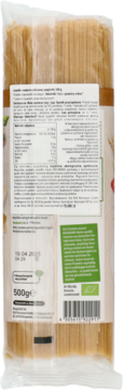 Tył opakowania enerBio makaronu orkiszowego spaghetti 500g, z tabelą wartości odżywczych i kodem kreskowym.