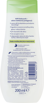 Tył opakowania szamponu HiPP Babysanft 200 ml, białej butelki z zielonym zamknięciem i polskim tekstem.