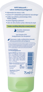 Tył białej tubki HiPP Babysanft 75ml, zielona nakrętka. Opis: delikatna pielęgnacja, 97% naturalne, nietestowane.