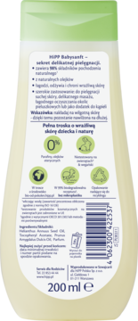 Tył butelki HiPP Babysanft 200 ml, kremowa butelka z opisem naturalnych składników, bez parafiny.