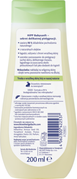 HiPP Babysanft - tył opakowania olejku do pielęgnacji niemowląt, z naturalnymi olejkami, 200 ml.