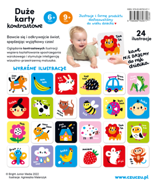 Duże karty kontrastowe dla niemowląt, tylna okładka. Wzory zwierząt, owoców i przedmiotów. 24 ilustracje.