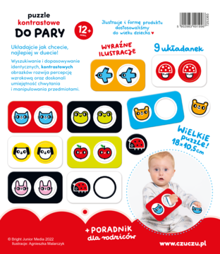 Tył opakowania puzzli kontrastowych Czuczu DO PARY dla dzieci 12m+, z barwnymi ilustracjami do parowania.