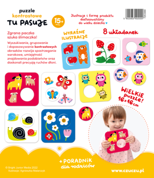 Tył opakowania Puzzle kontrastowe TU PASUJE, 8 układanek, widok na ilustracje zwierząt i dziecka bawiącego się.