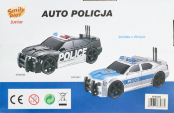 Pudełko z dwoma autami policyjnymi Smily Play Chrysler 300C (czarne i białe) z efektem światła i dźwięku.