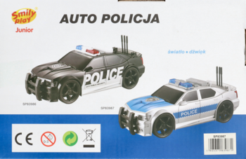 Widok z góry pudełka z zabawką: czarno-białe auto policyjne Smily Play z napisem POLICE, światłem i dźwiękiem.