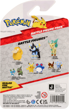 Tył opakowania Pokemon Battle Figure Pack, białe, z grafikami figurek: Pikachu, Psyduck, Leafeon, Luxray, Eevee.